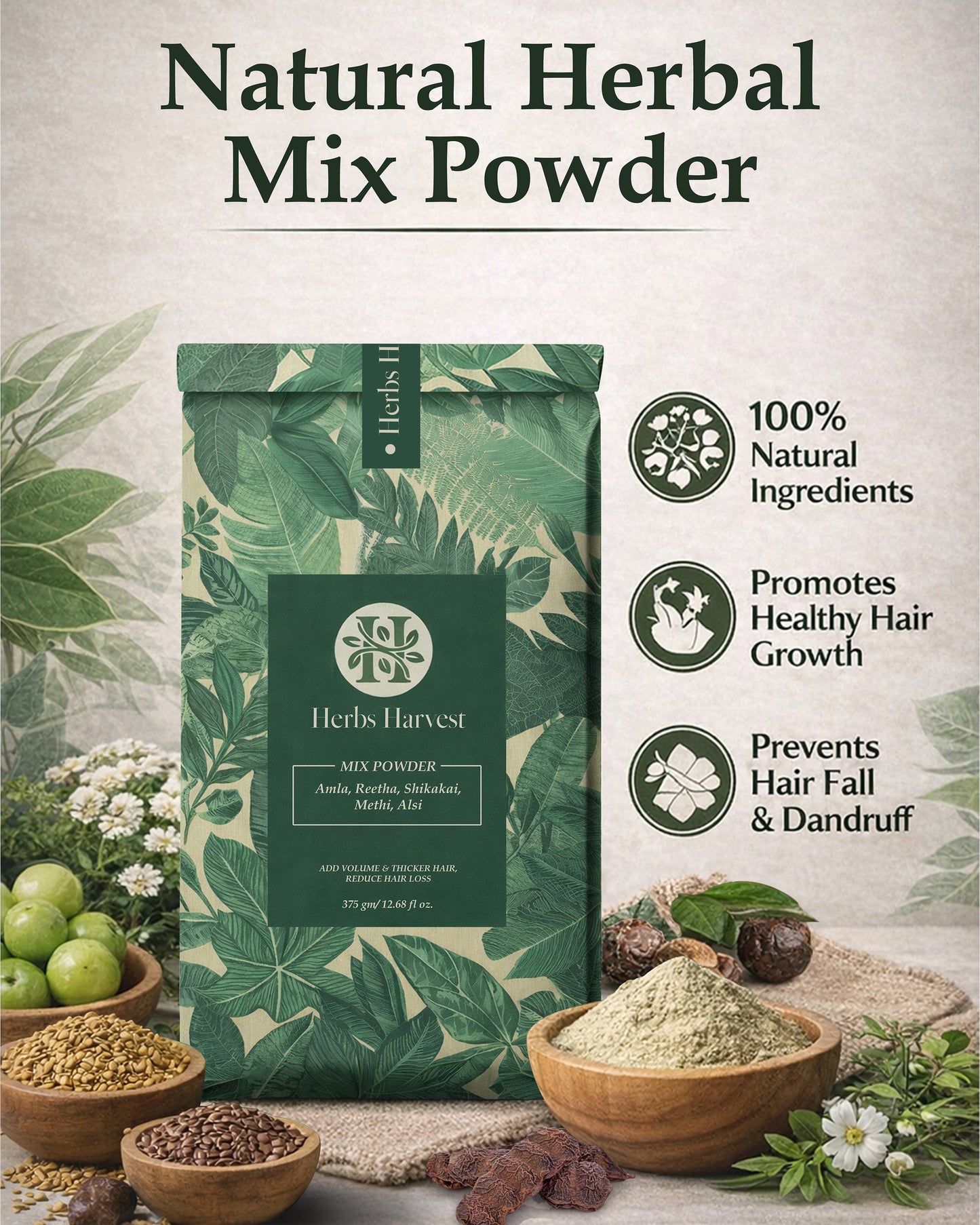Herbs Harvest Amla Reetha Shikakai Methi Alsi Mix Powder 400g | Ayurvedic Hair Growth & Hair Thickening Powder