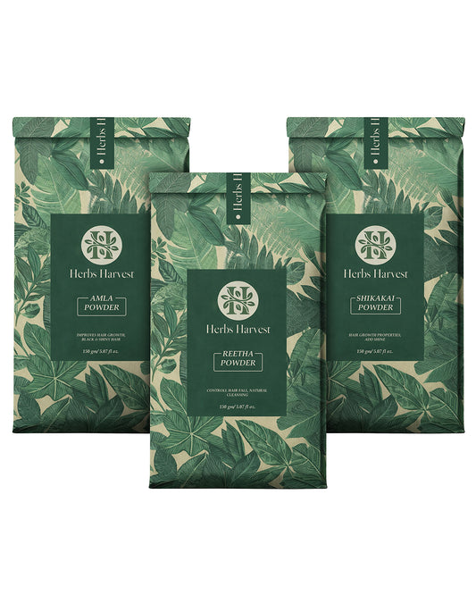 Herbs Harvest Amla Reetha Shikakai Powder Combo (150g Each) – 3-in-1 Ayurvedic Hair Care Kit