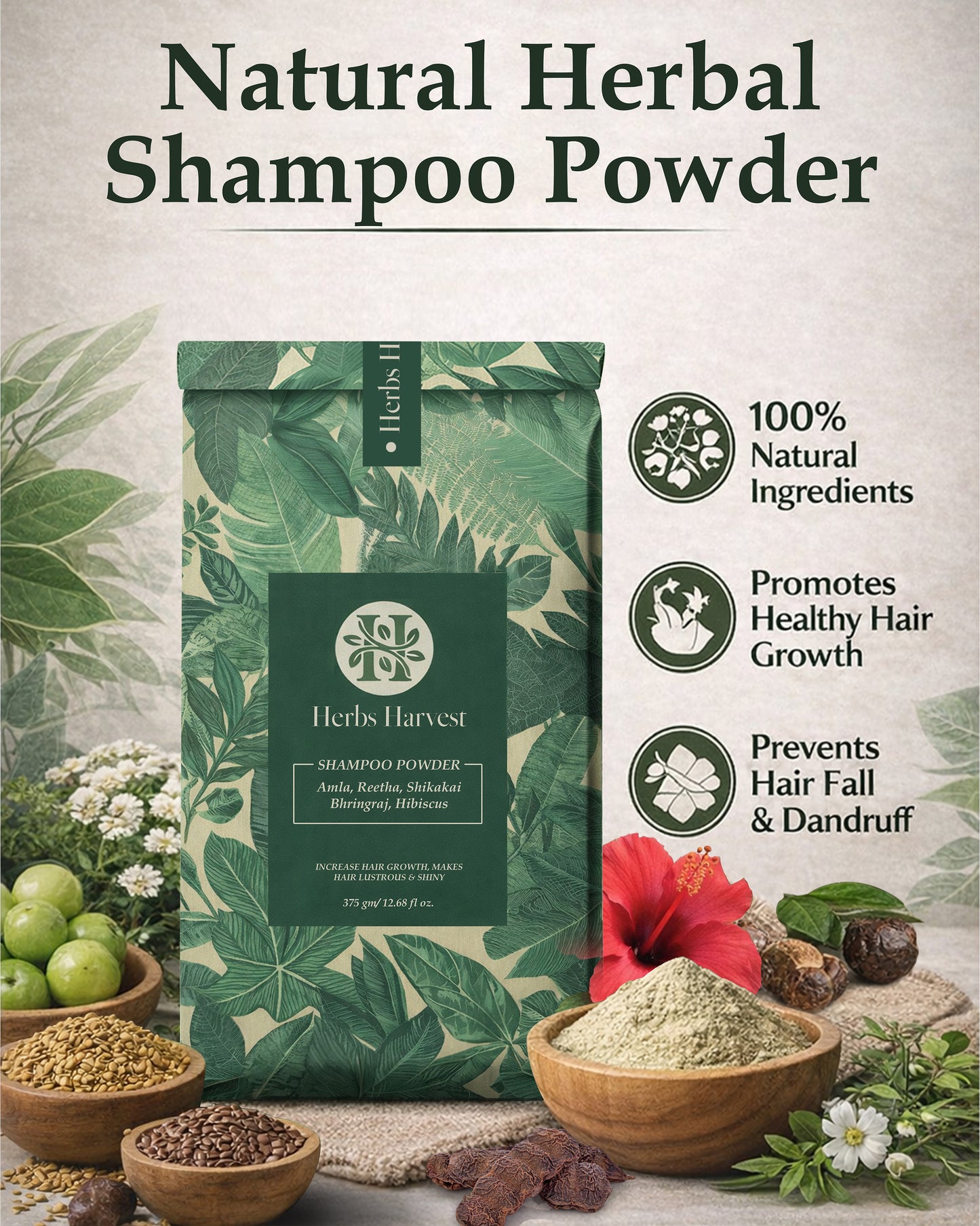 Herbs Harvest Herbal Shampoo Powder 400g – Amla, Reetha, Shikakai, Bhringraj & Hibiscus | 100% Natural Hair Cleanser